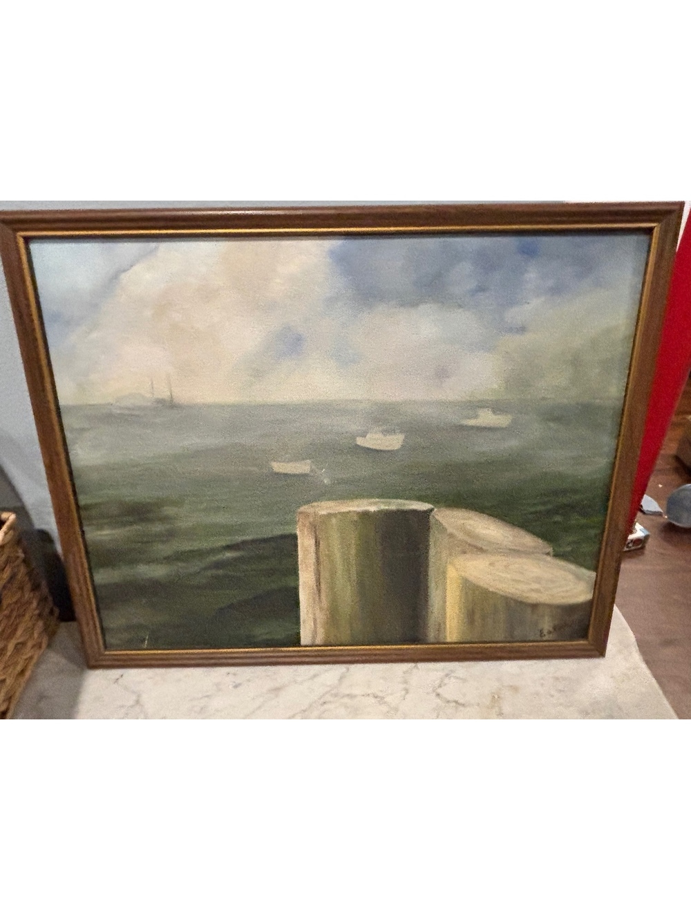 Signed Oil Painting Seascape by Eaton in Wood Frame